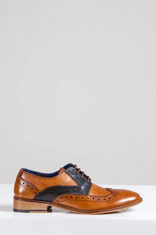 RILEY - Tan Navy Leather Contrast Oxford Brogue Shoe sold by Marc Darcy