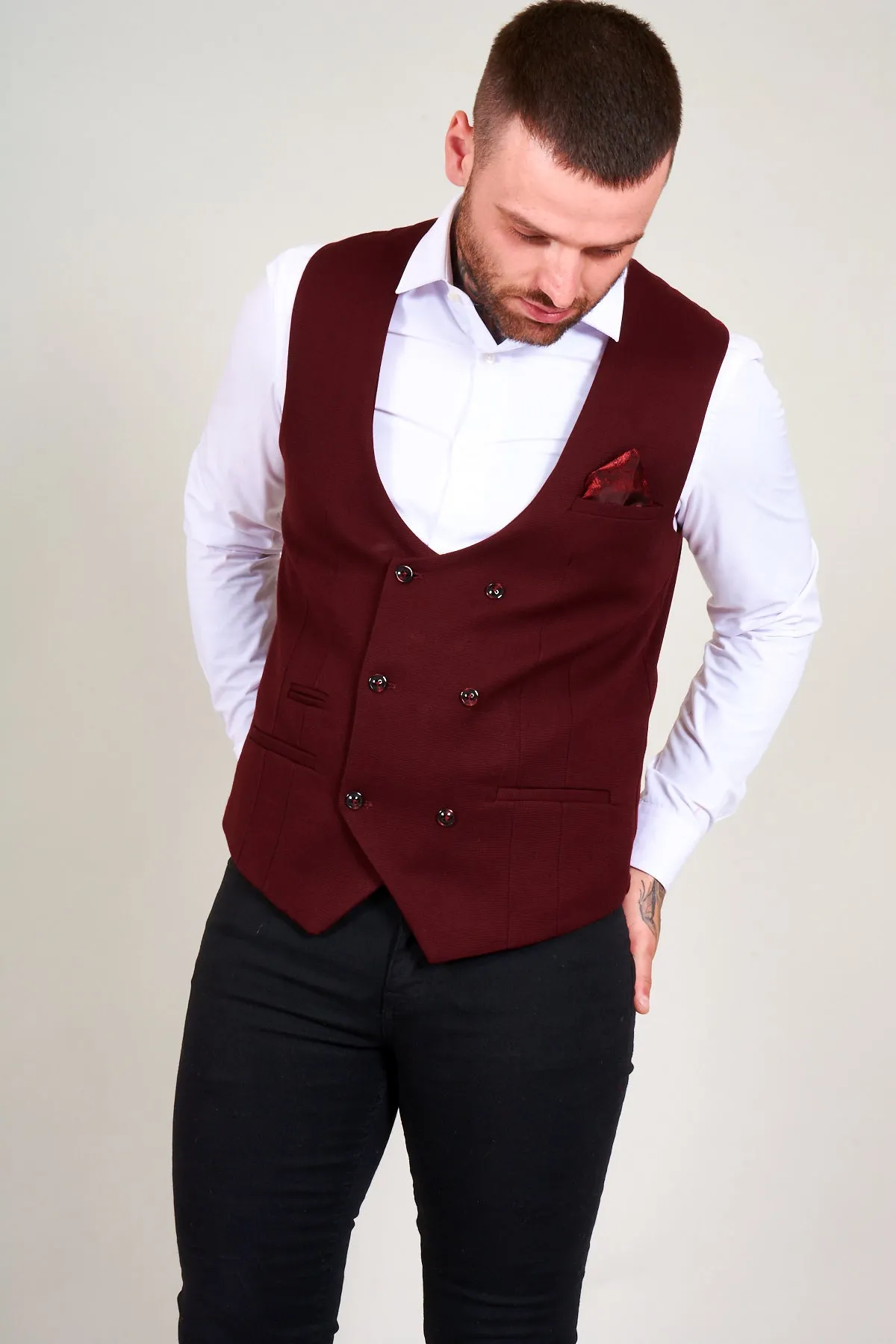 KELLY - Wine Double Breasted Waistcoat sold by Marc Darcy