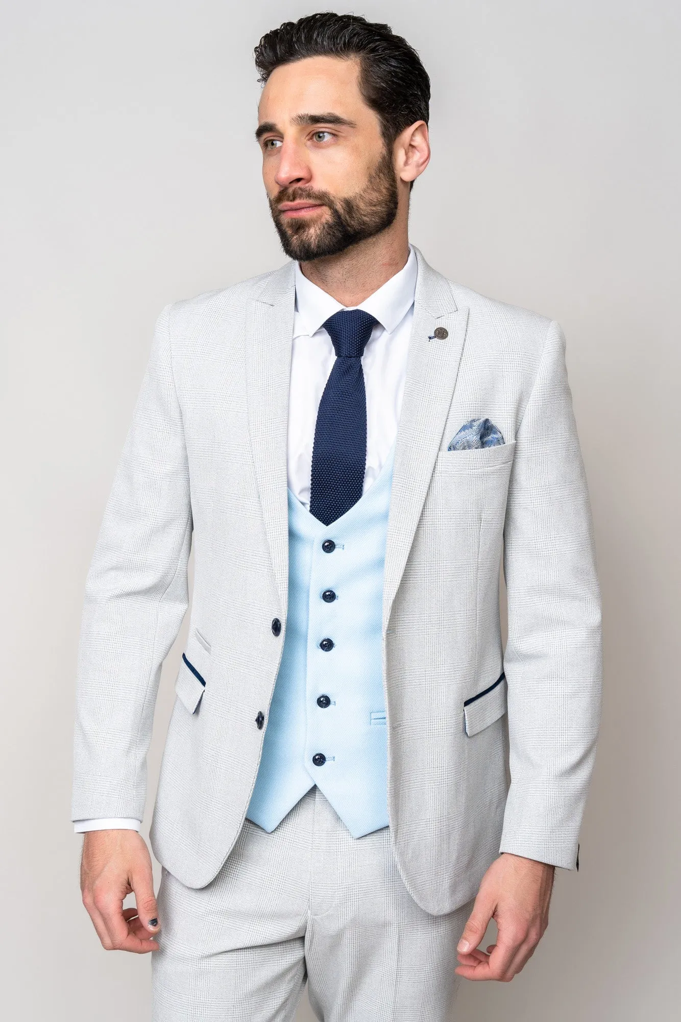 BROMLEY - Stone Check Suit with Kelvin Sky Waistcoat sold by Marc Darcy product image thumbnail 3