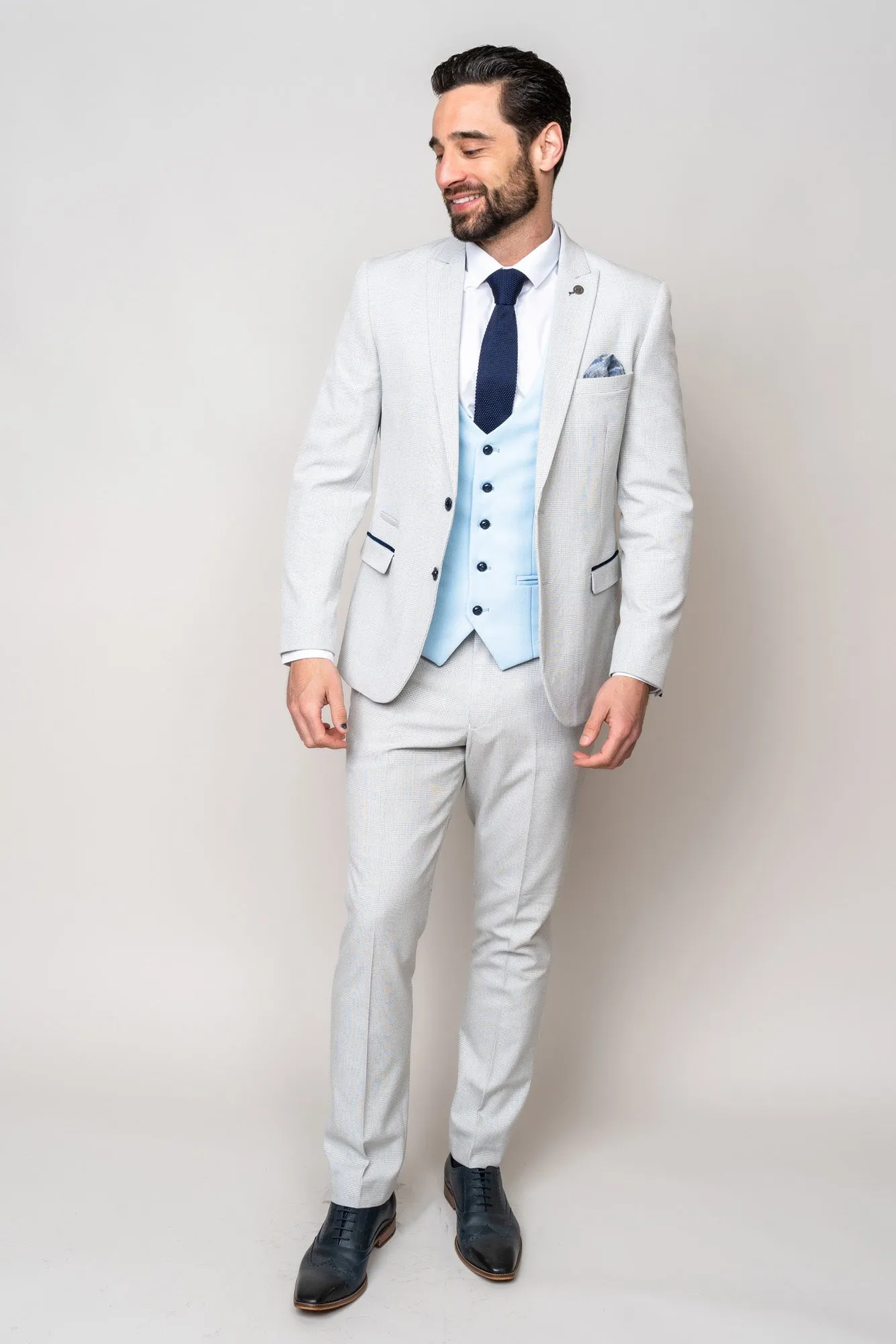 BROMLEY - Stone Check Suit with Kelvin Sky Waistcoat sold by Marc Darcy