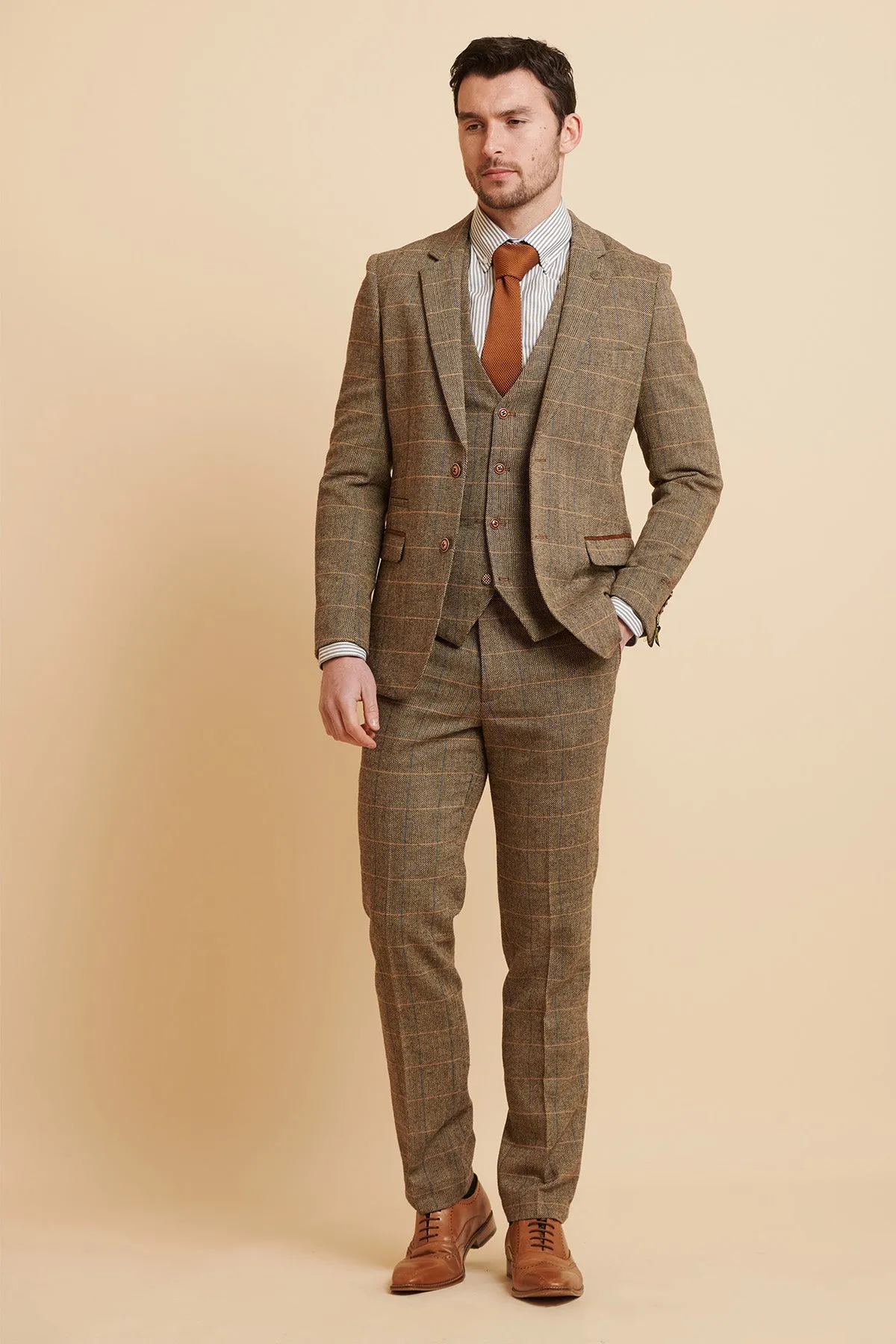 TED - Tan Tweed Check Three Piece Suit sold by Marc Darcy