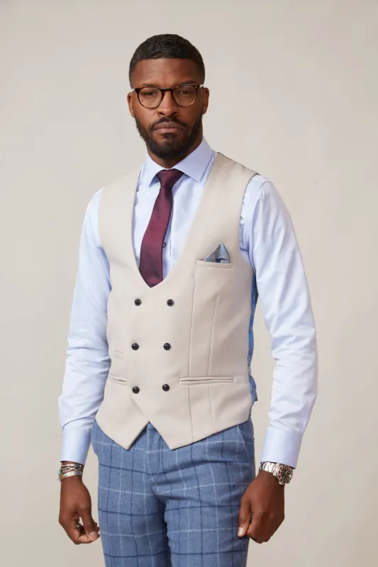 KELVIN - Stone Double Breasted Waistcoat sold by Marc Darcy