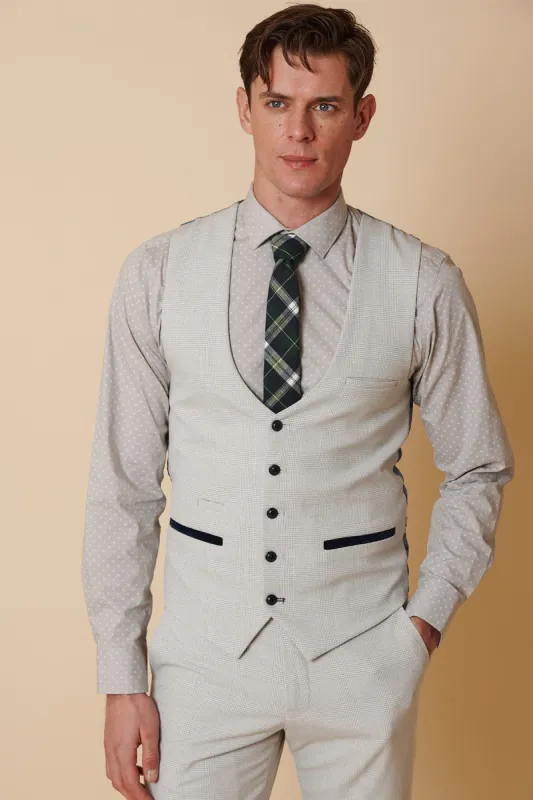 BROMLEY - Stone Single Breasted Check Waistcoat sold by Marc Darcy