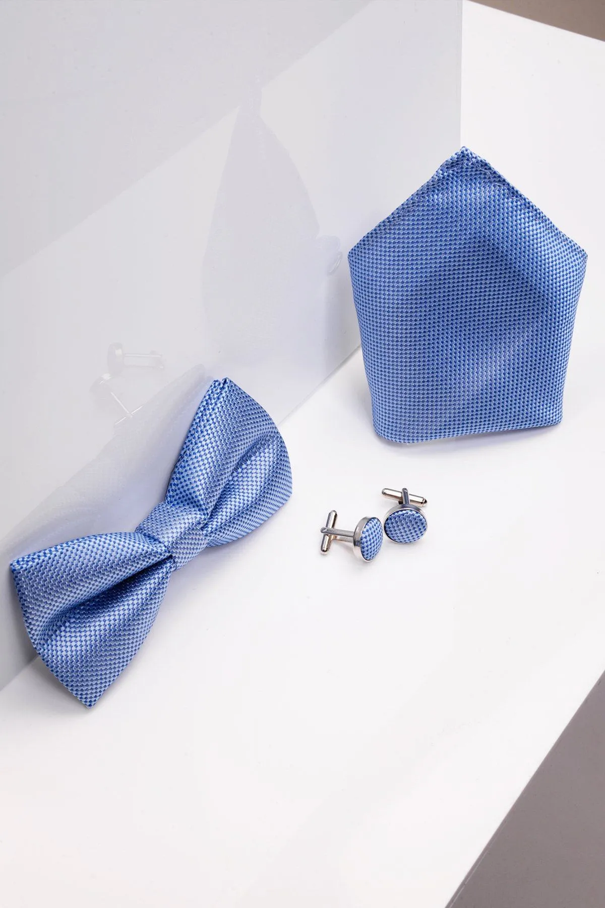 TB17 - Birdseye Print Bow Tie and Pocket Square Set In Blue sold by Marc Darcy product image thumbnail 3