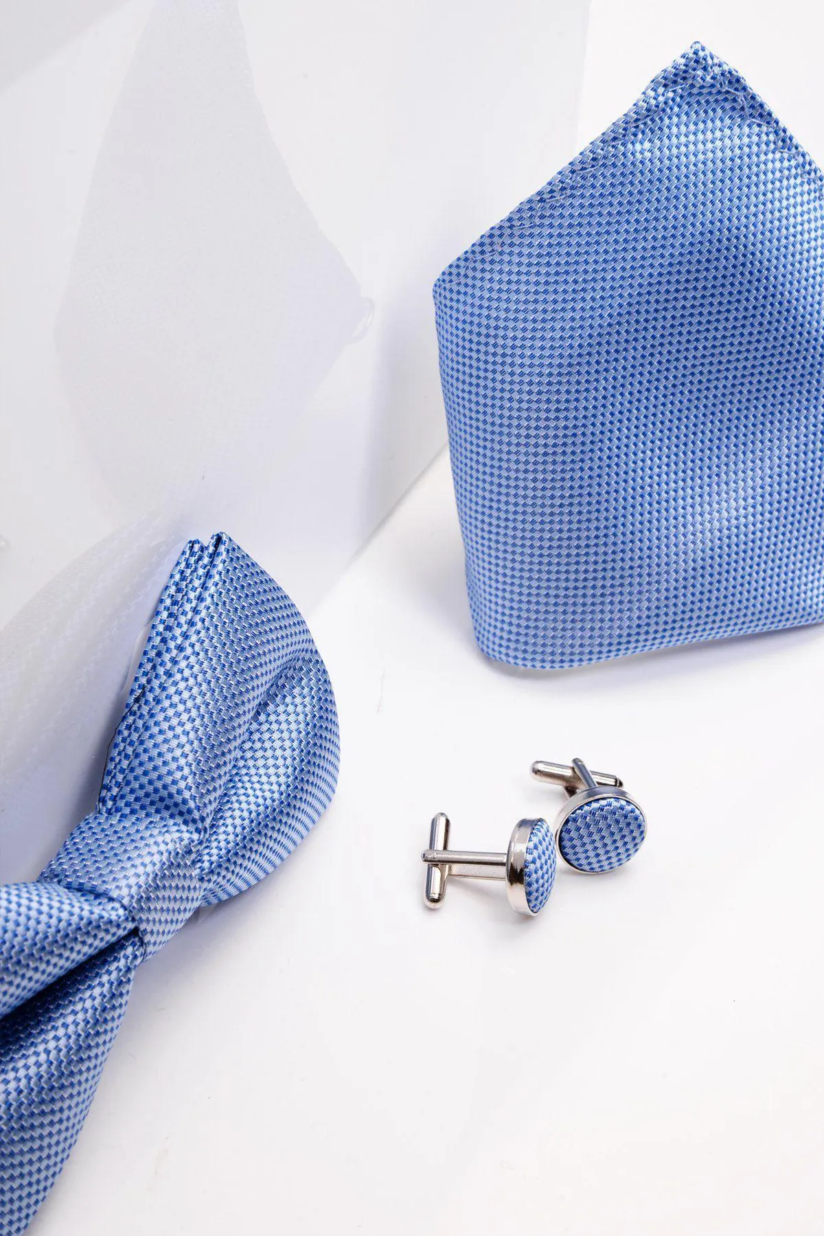 TB17 - Birdseye Print Bow Tie and Pocket Square Set In Blue sold by Marc Darcy product image thumbnail 2
