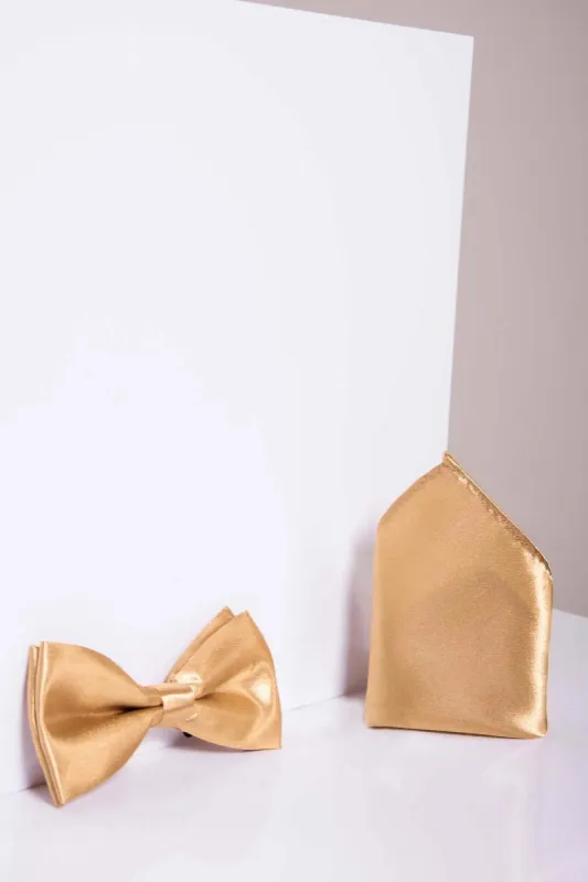 STANLEY - Satin Bow Tie and Pocket Square Set In Gold sold by Marc Darcy