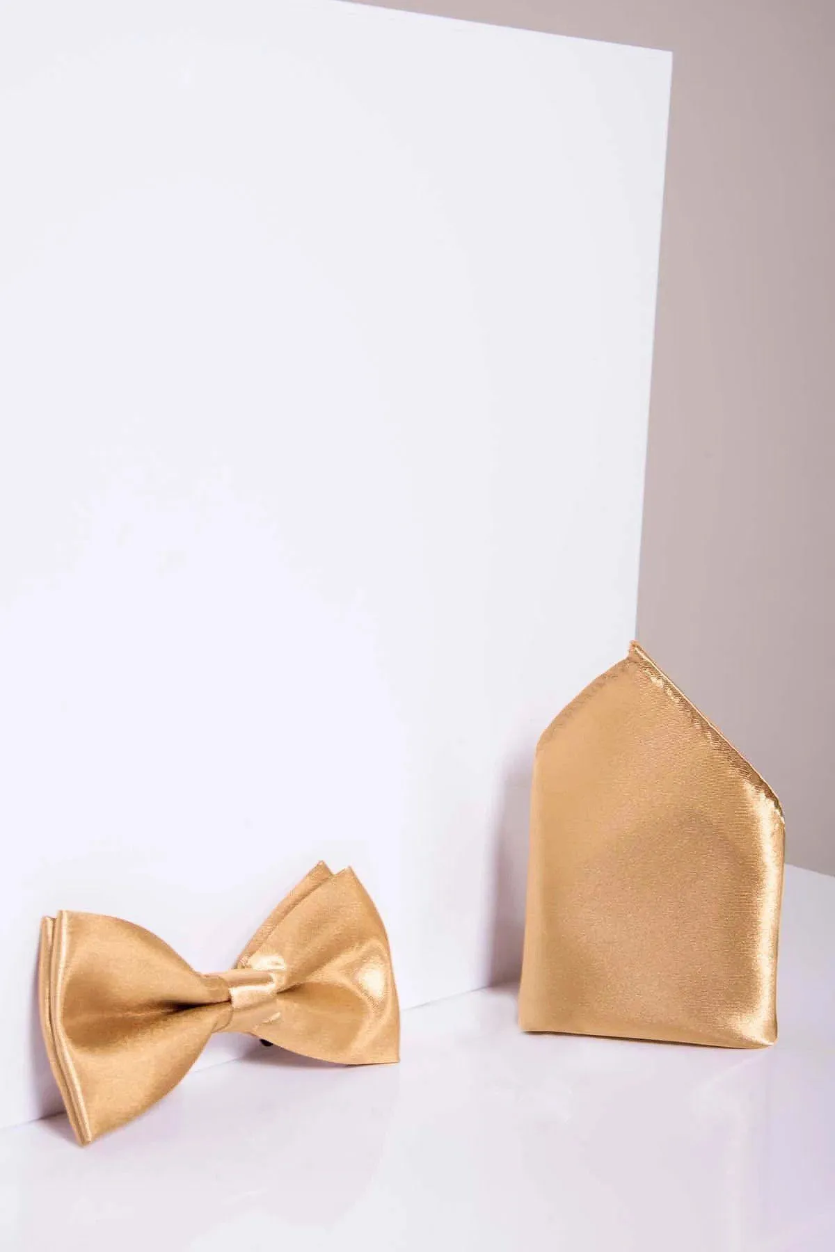 STANLEY - Satin Bow Tie and Pocket Square Set In Gold sold by Marc Darcy