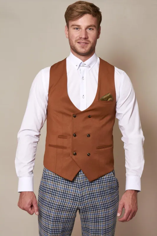 KELLY - Dark Tan Double Breasted Waistcoat sold by Marc Darcy