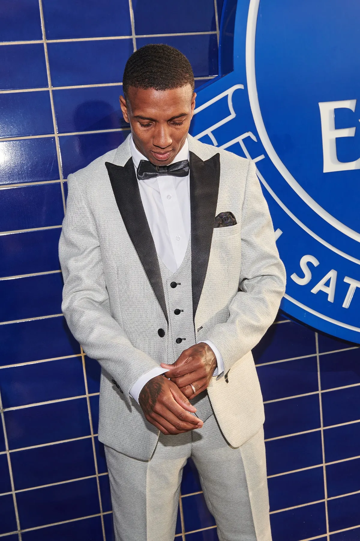 The Everton Collection | Ashley Young In SPENCER Stone Tux Lapel Suit sold by Marc Darcy product image thumbnail 2