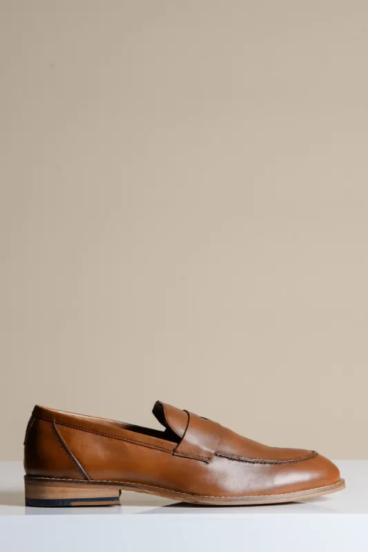 JASPER - Tan Leather Penny Loafer Shoe sold by Marc Darcy
