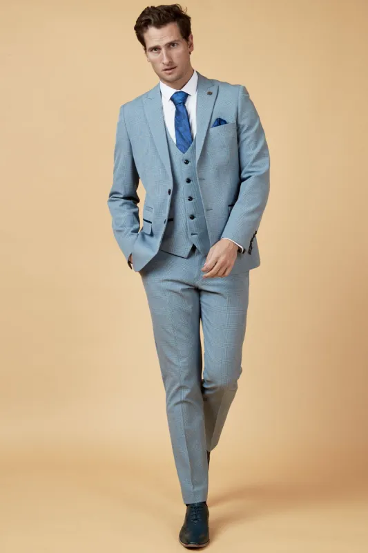 BROMLEY - Sky Blue Check Three Piece Suit sold by Marc Darcy