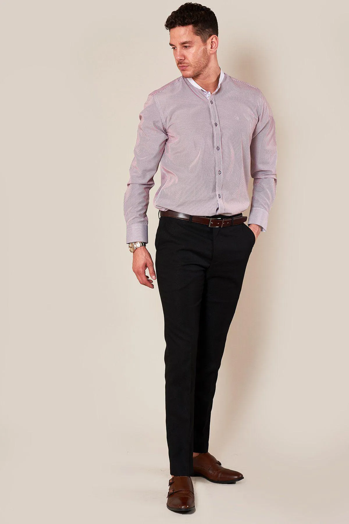 COOPER - Grandad Collar Wine Stripe Shirt sold by Marc Darcy product image thumbnail 5