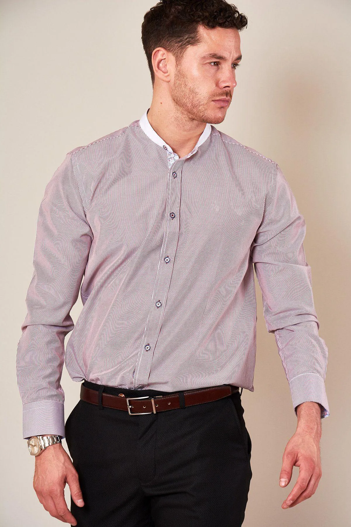 COOPER - Grandad Collar Wine Stripe Shirt sold by Marc Darcy product image thumbnail 3