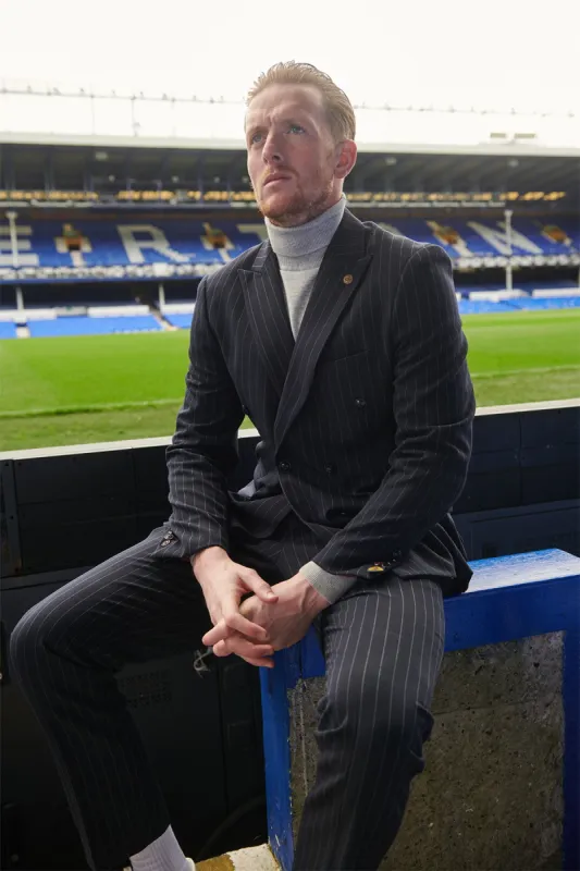 The Everton Collection | Jordan Pickford In ROCCO Navy Pinstripe Double Breasted Two Piece Suit made by Marc Darcy
