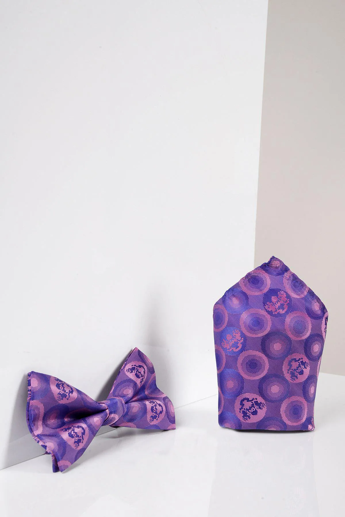 BUBBLES - Purple Bubble Circle Print Bow Tie and Pocket Square Set sold by Marc Darcy