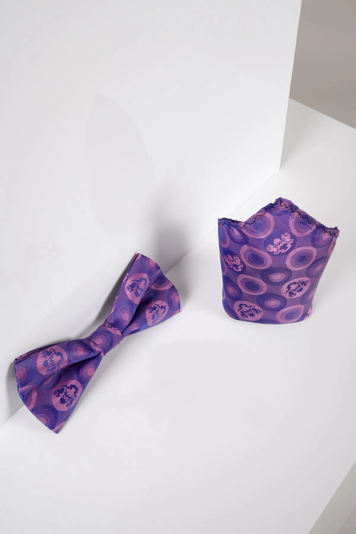 BUBBLES - Purple Bubble Circle Print Bow Tie and Pocket Square Set sold by Marc Darcy product image thumbnail 2