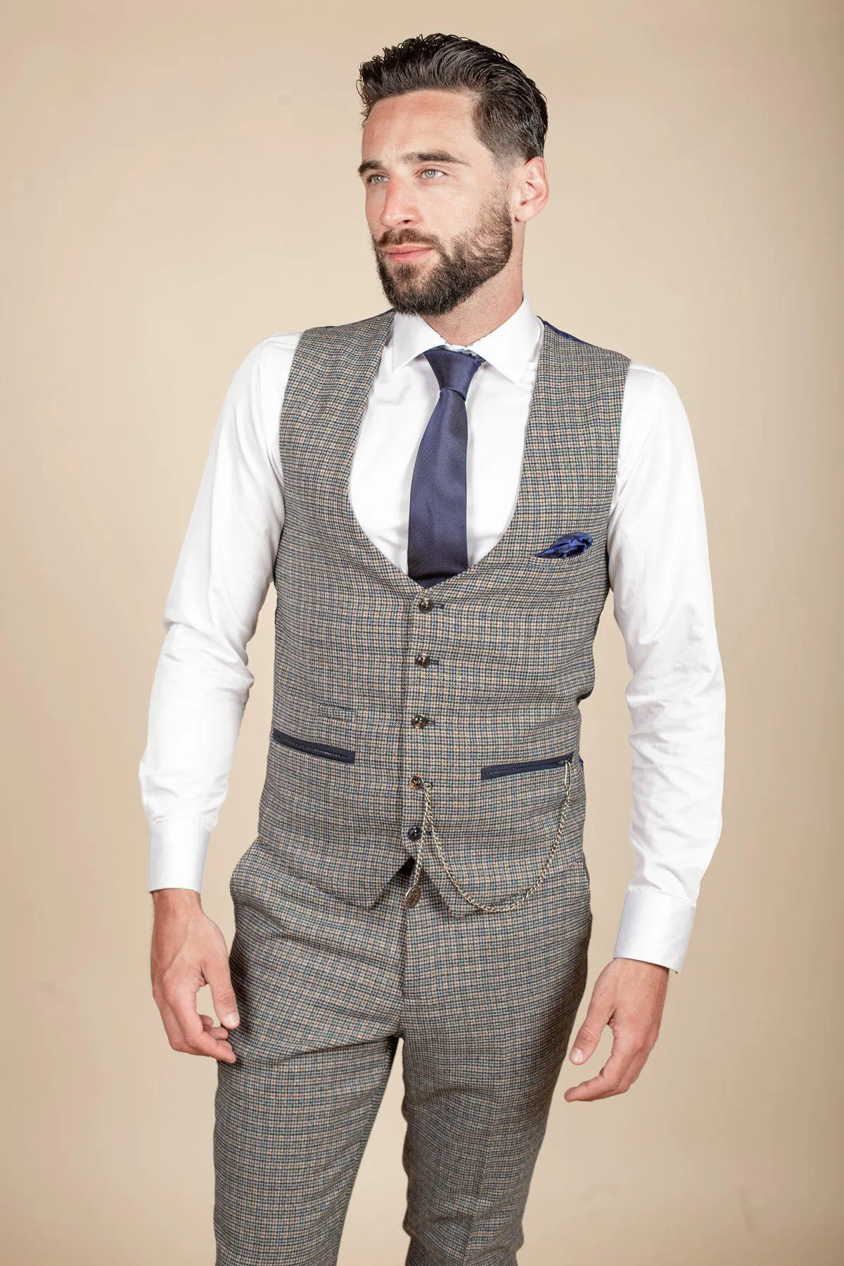 HARDWICK - Navy Tan Tweed Check Waistcoat sold by Marc Darcy product image thumbnail 4