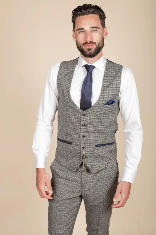 HARDWICK - Navy Tan Tweed Check Waistcoat sold by Marc Darcy