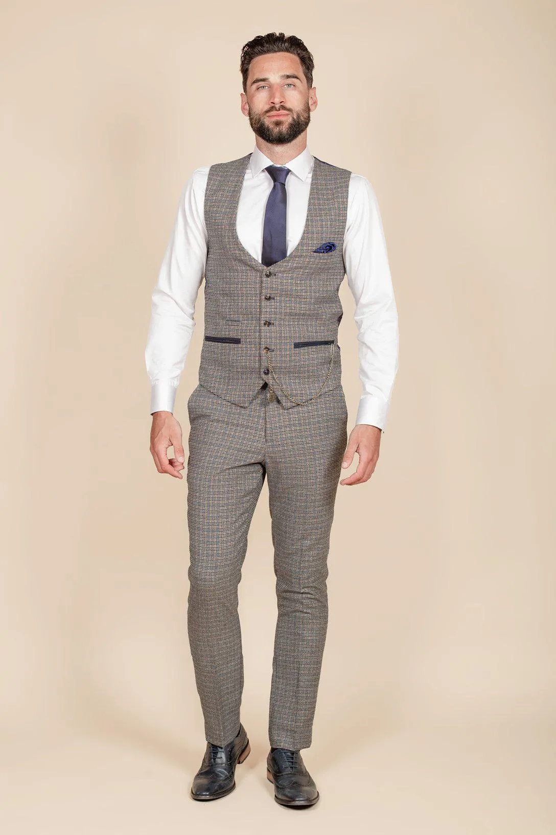 HARDWICK - Navy Tan Tweed Check Waistcoat sold by Marc Darcy product image thumbnail 5