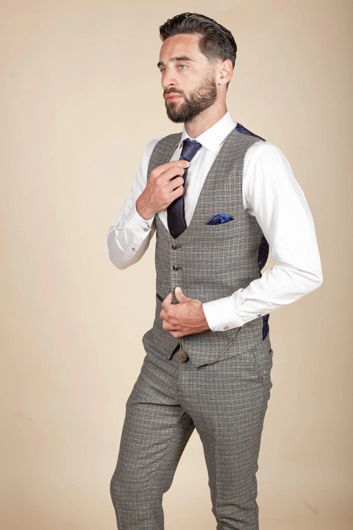 HARDWICK - Navy Tan Tweed Check Waistcoat sold by Marc Darcy product image thumbnail 3