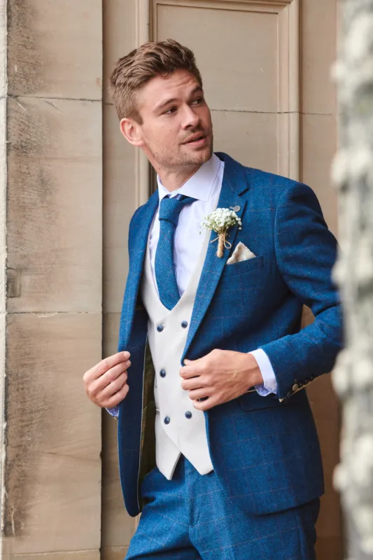 DION - Blue Tweed Check Suit With Kelvin Stone Waistcoat sold by Marc Darcy
