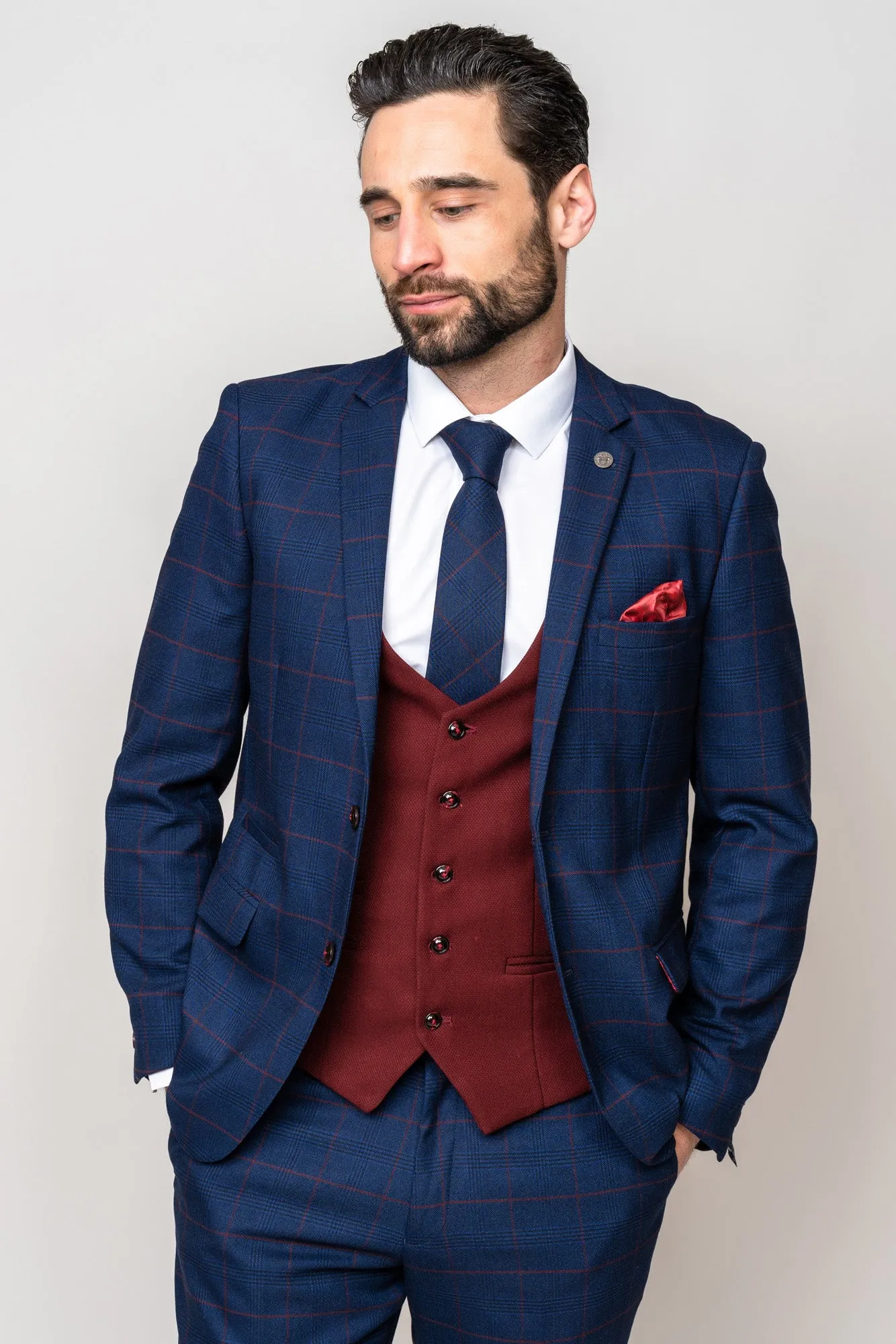 EDINSON - Navy Check Suit with Kelvin Wine Waistcoat sold by Marc Darcy product image thumbnail 5