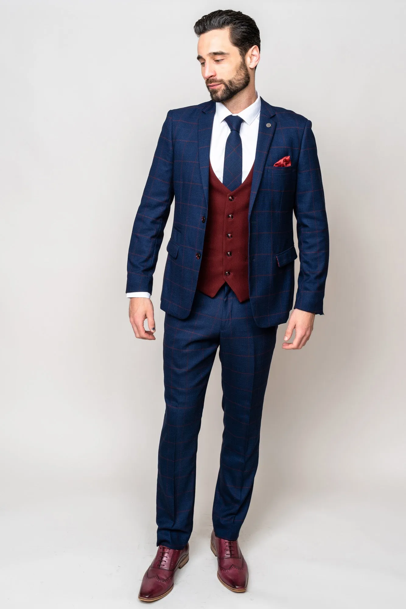 EDINSON - Navy Check Suit with Kelvin Wine Waistcoat sold by Marc Darcy product image thumbnail 2