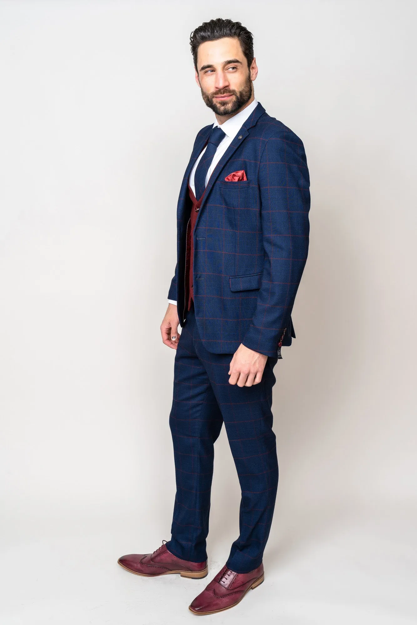EDINSON - Navy Check Suit with Kelvin Wine Waistcoat sold by Marc Darcy product image thumbnail 3