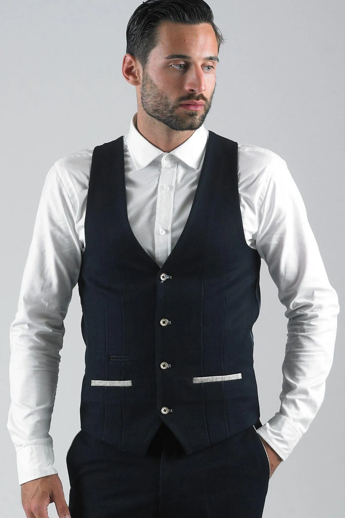 LEE WILL- Denim Look Navy Waistcoat sold by Marc Darcy