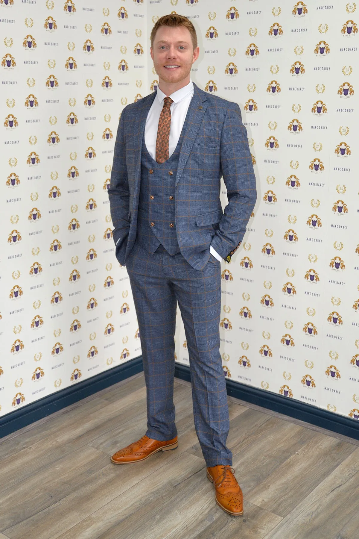 Coronation Street's Daniel Osbourne (Rob Mallard) in JENSON Sky Blue Check Suit sold by Marc Darcy
