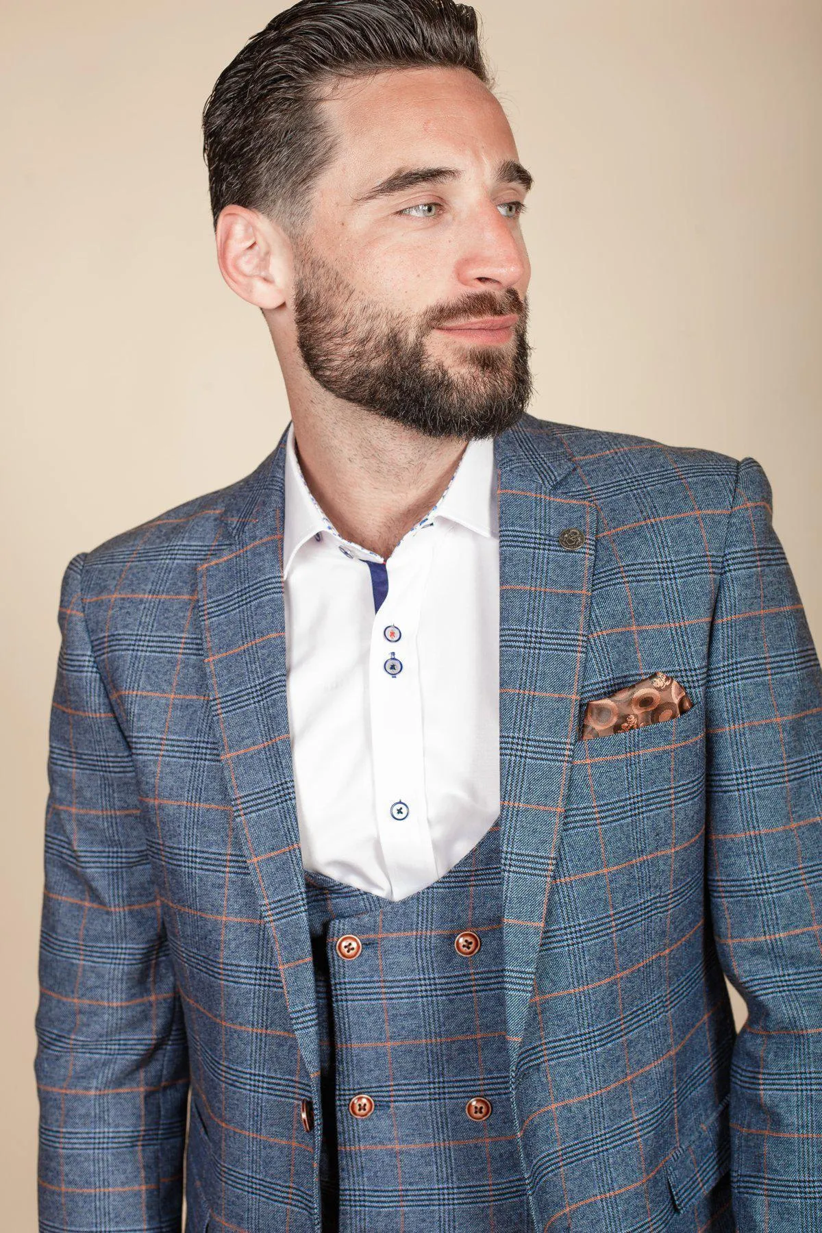 Coronation Street's Daniel Osbourne (Rob Mallard) in JENSON Sky Blue Check Suit sold by Marc Darcy product image thumbnail 5