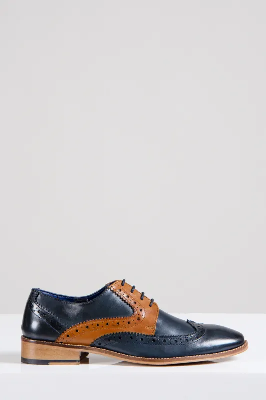 RILEY - Navy Tan Leather Contrast Oxford Brogue Shoe sold by Marc Darcy