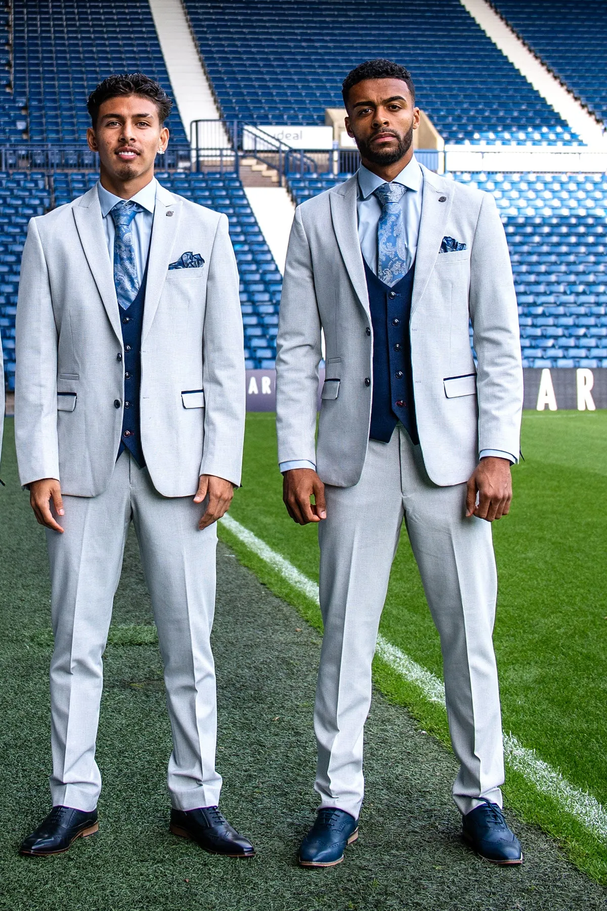 The WBA Collection - BROMLEY Stone Suit With Kelvin Navy Waistcoat sold by Marc Darcy