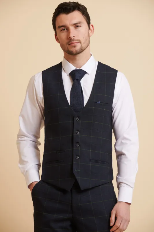 EDINSON - Navy Green Check Single Breasted Waistcoat sold by Marc Darcy