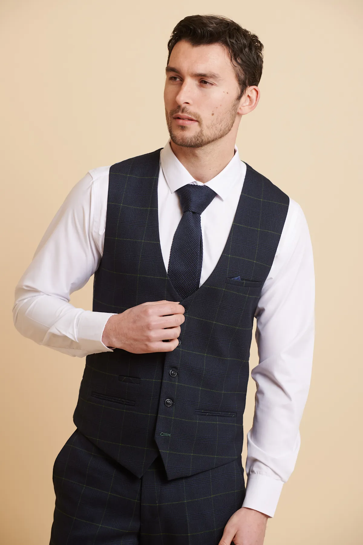 EDINSON - Navy Green Check Single Breasted Waistcoat sold by Marc Darcy product image thumbnail 5