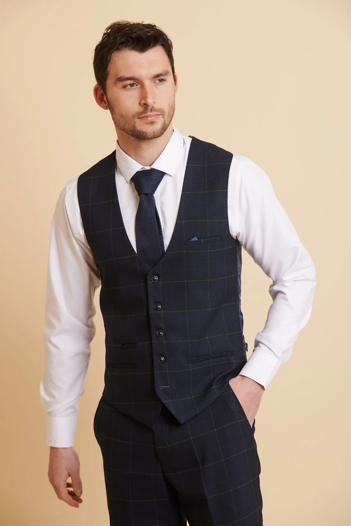 EDINSON - Navy Green Check Single Breasted Waistcoat sold by Marc Darcy product image thumbnail 3