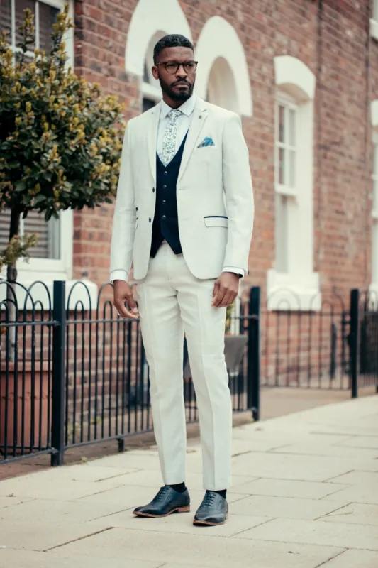 BROMLEY - Stone Check Suit with Kelvin Navy Waistcoat sold by Marc Darcy