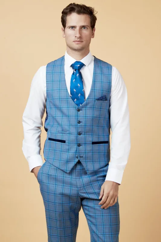 JOSE - Sky Blue Check Single Breasted Waistcoat sold by Marc Darcy
