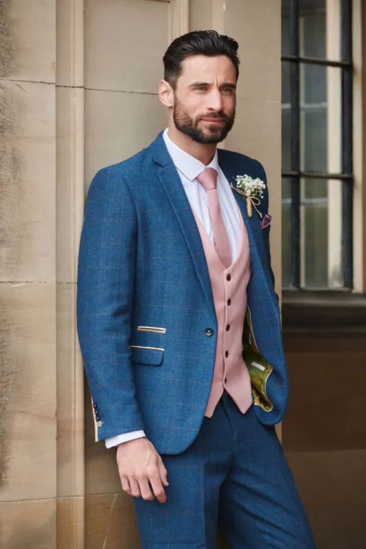 DION - Blue Tweed Check Suit With Kelvin Pink Waistcoat sold by Marc Darcy