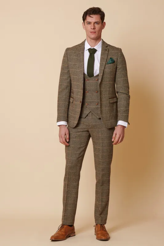 TED - Tan Tweed Check Three Piece Suit with Double Breasted Waistcoat made by Marc Darcy