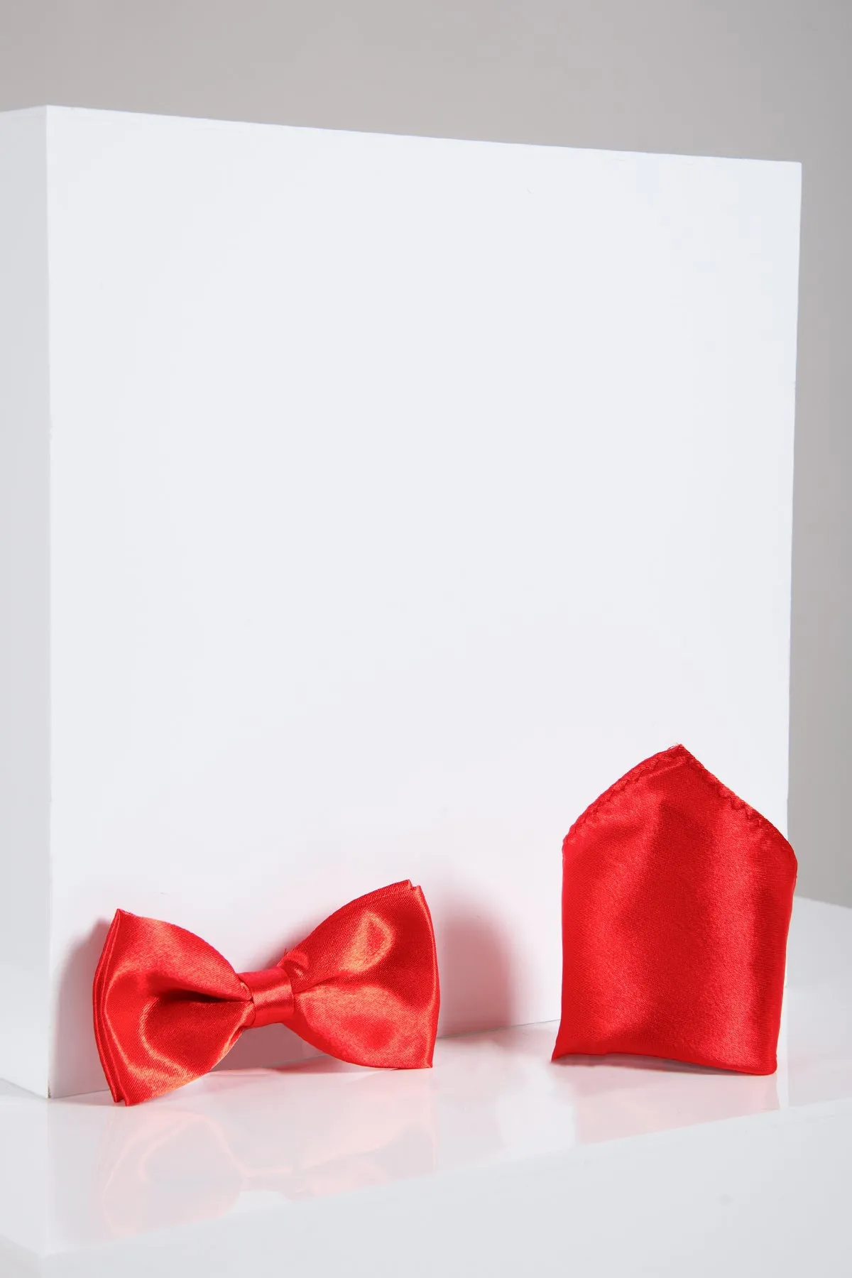 STANLEY - Satin Bow Tie and Pocket Square Set In Red sold by Marc Darcy