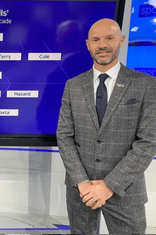 Former Leeds United Footballer Danny Mills in Scott Grey Tweed Suit made by Marc Darcy