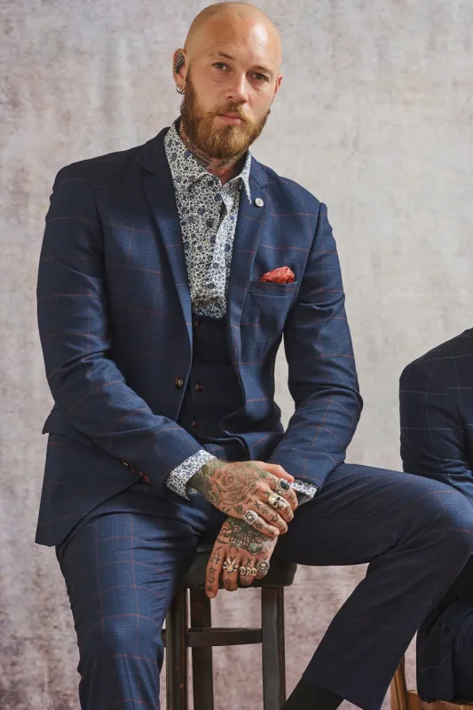 EDINSON - Navy Wine Check Three Piece Suit sold by Marc Darcy