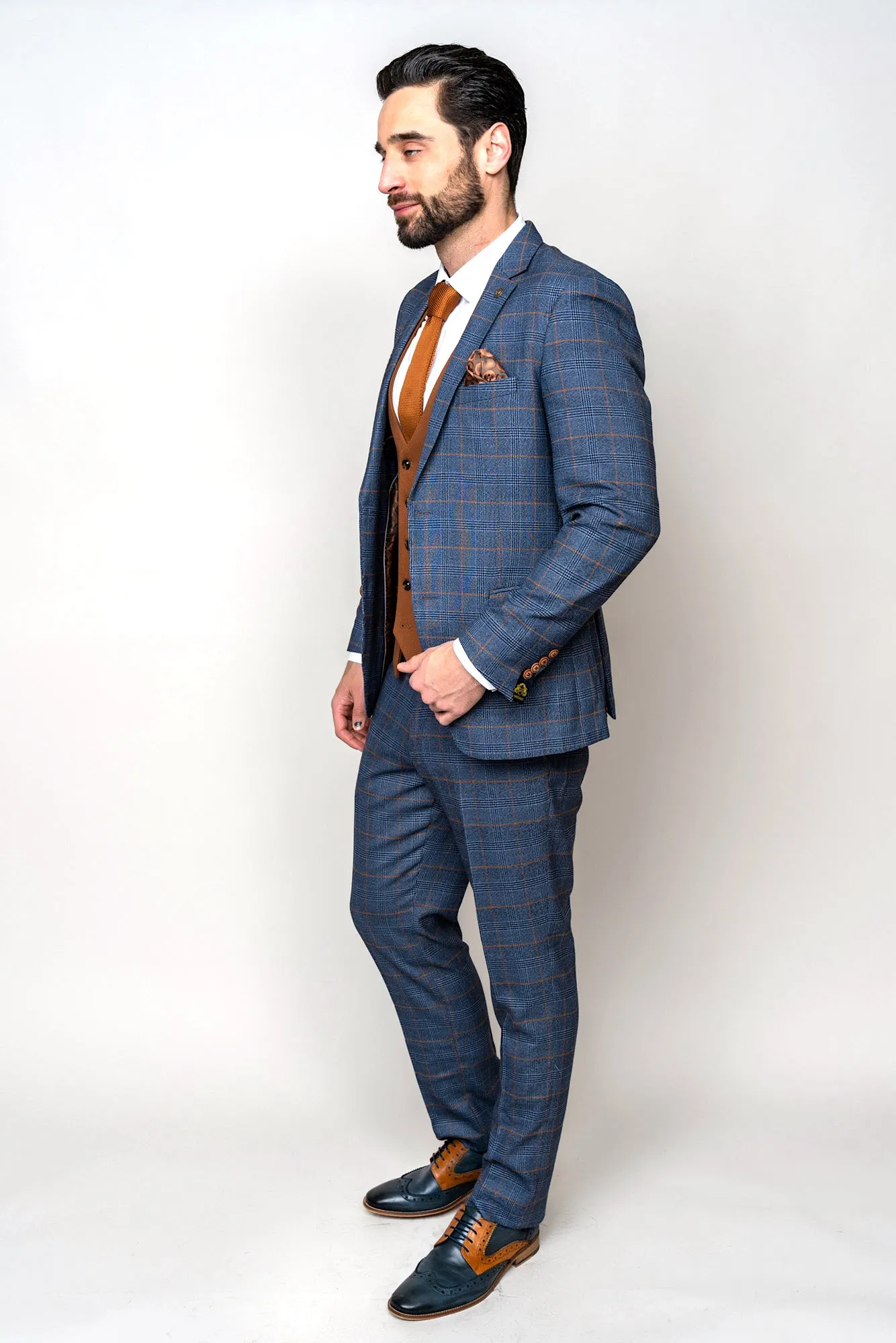 JENSON - Sky Blue Check Suit with Kelvin Tan Waistcoat sold by Marc Darcy product image thumbnail 4