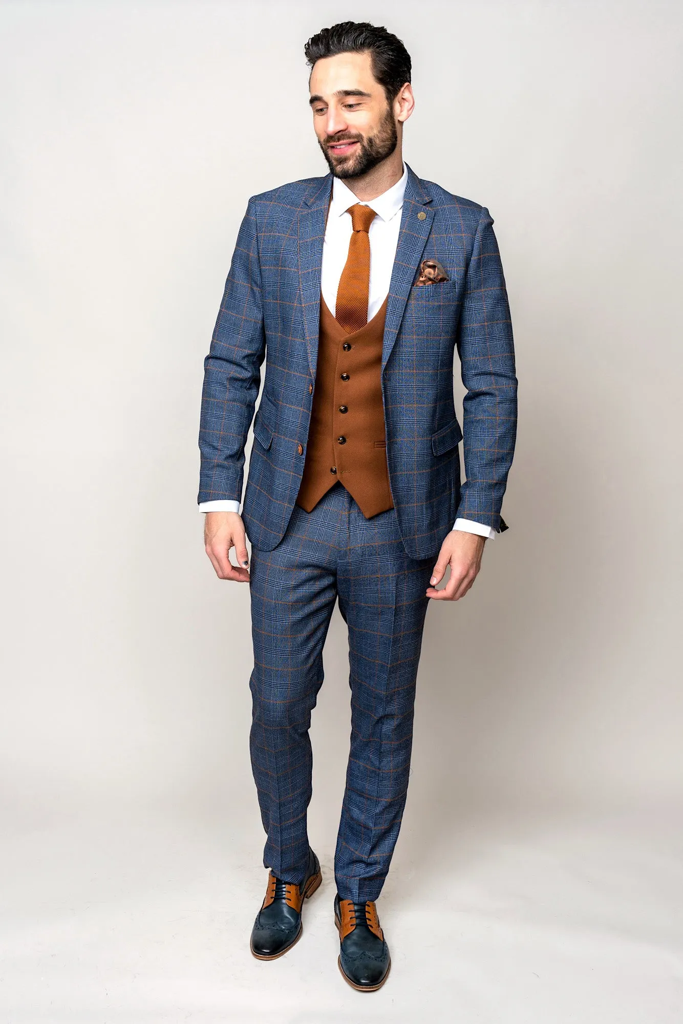 JENSON - Sky Blue Check Suit with Kelvin Tan Waistcoat sold by Marc Darcy product image thumbnail 3