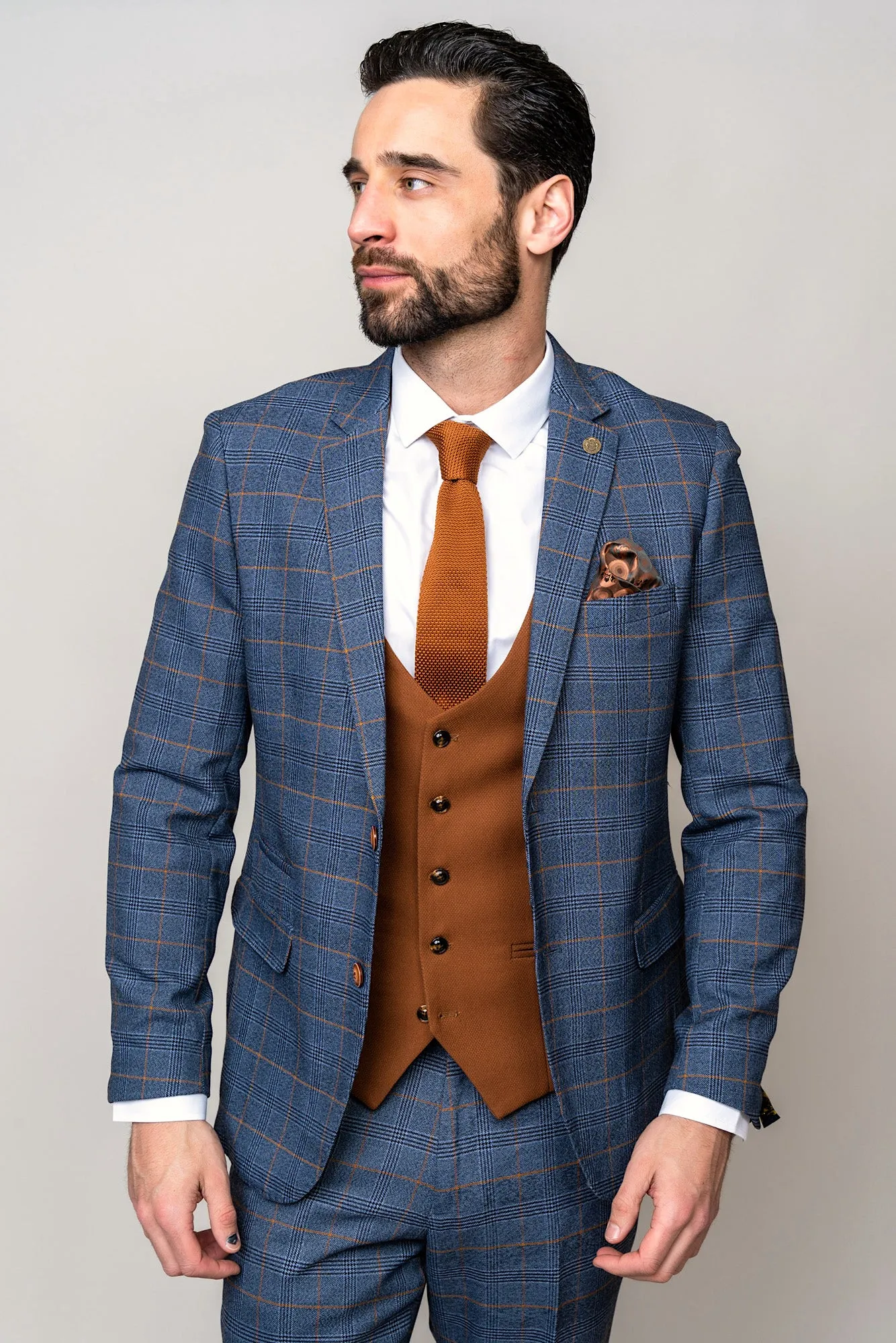 JENSON - Sky Blue Check Suit with Kelvin Tan Waistcoat sold by Marc Darcy