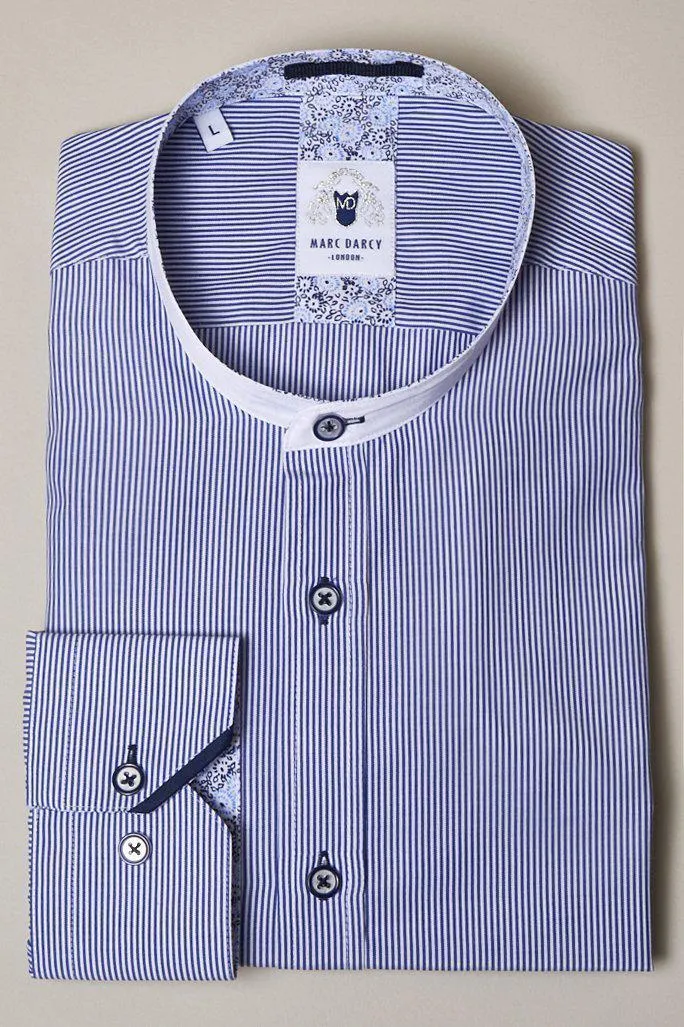 COOPER - Grandad Collar Navy Stripe Shirt sold by Marc Darcy
