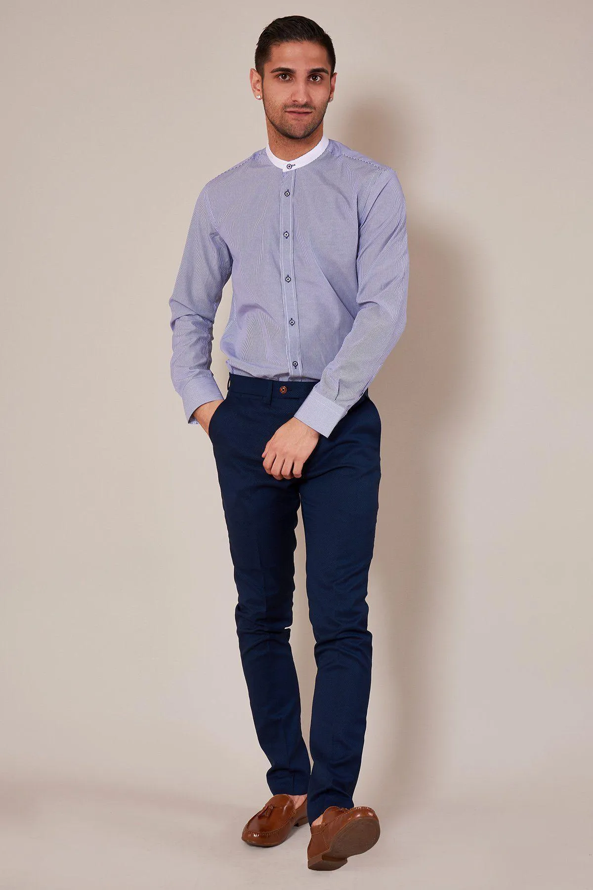 COOPER - Grandad Collar Navy Stripe Shirt sold by Marc Darcy product image thumbnail 3
