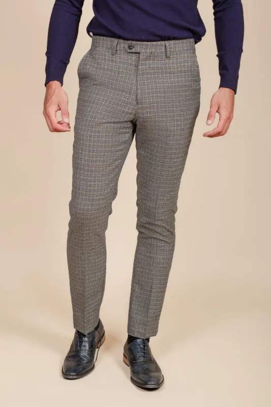 HARDWICK - Navy Tan Tweed Check Trousers sold by Marc Darcy