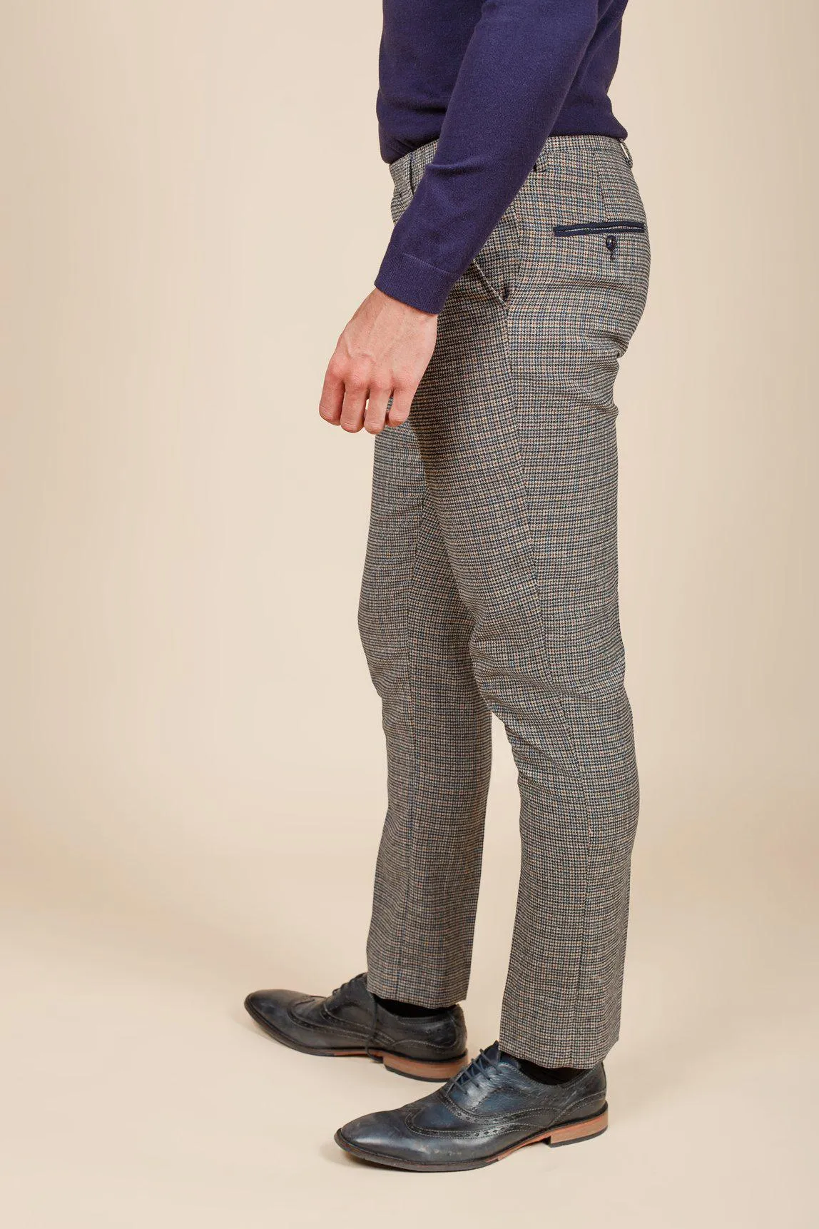 HARDWICK - Navy Tan Tweed Check Trousers sold by Marc Darcy product image thumbnail 3
